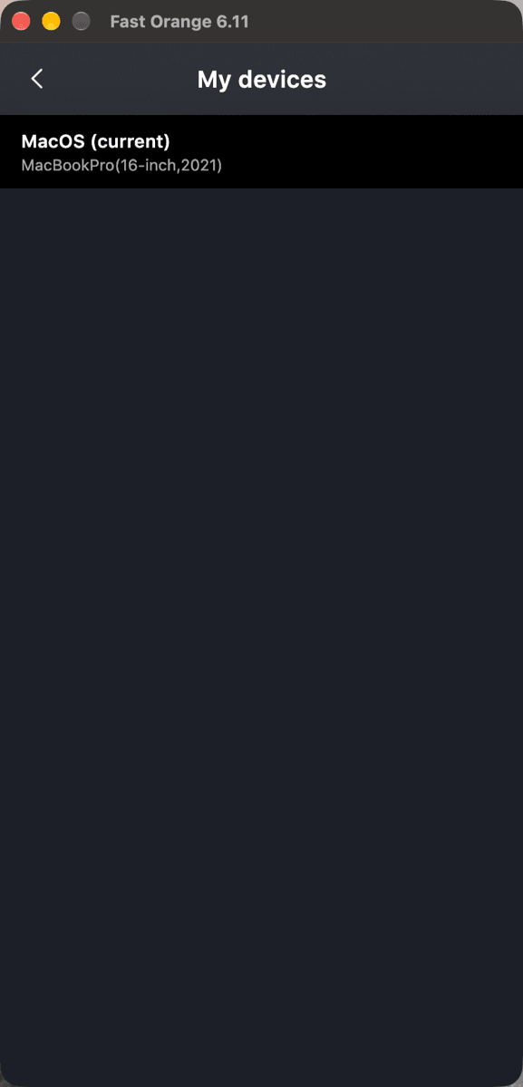 The Devices screen in the Fast Orange VPN macOS app, listing the Mac currently signed in