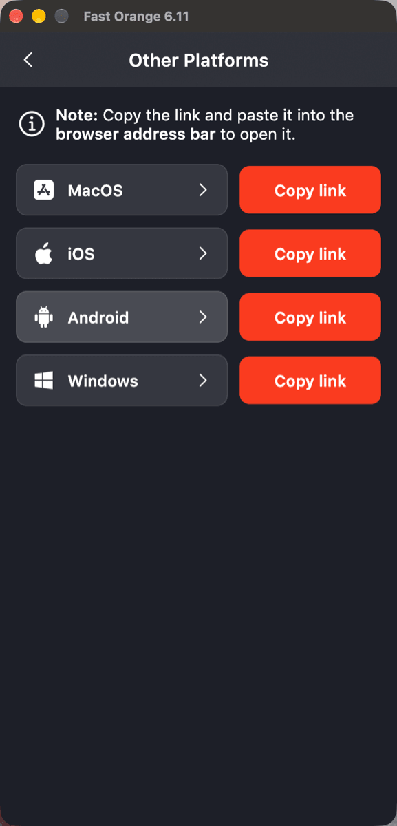 The Fast Orange VPN platforms screen with macOS, iOS, Android and Windows download entries