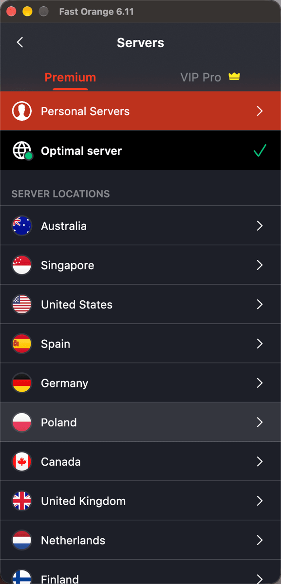 The FastOrange route list: automatic selection at the top, then countries below, each expandable
